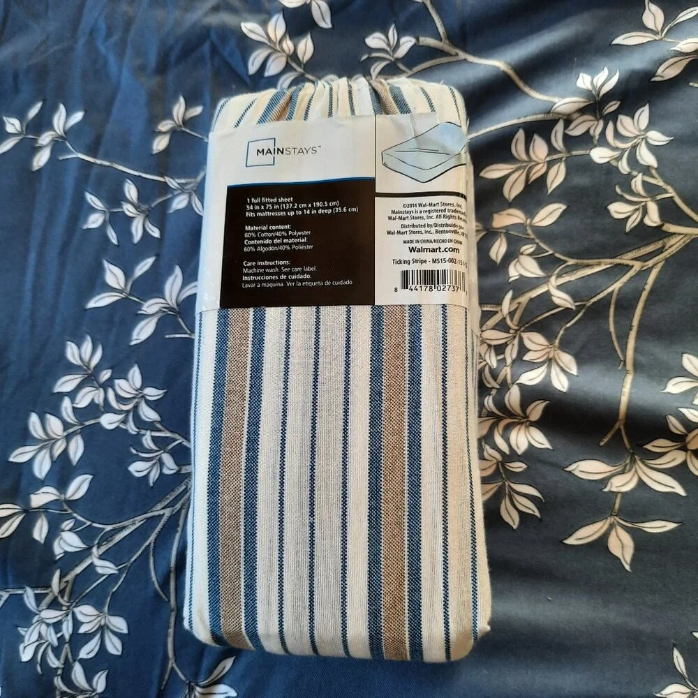 MAINSTAYS Shirt Stripe Print Cotton Percale Fitted Sheet NWT! - Blue/Tan, FULL